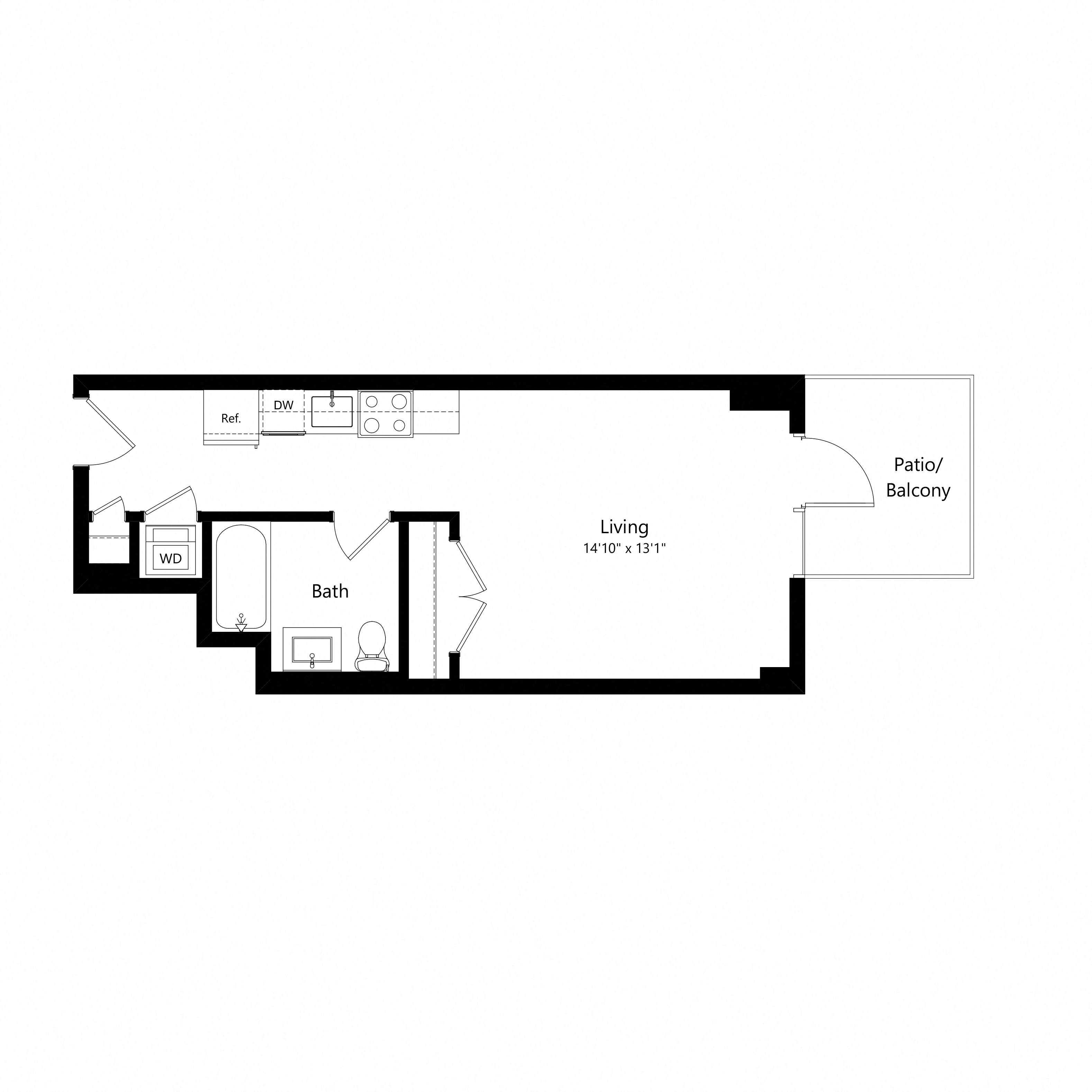 Floor plan for studio, 1 bath, 437 sqft